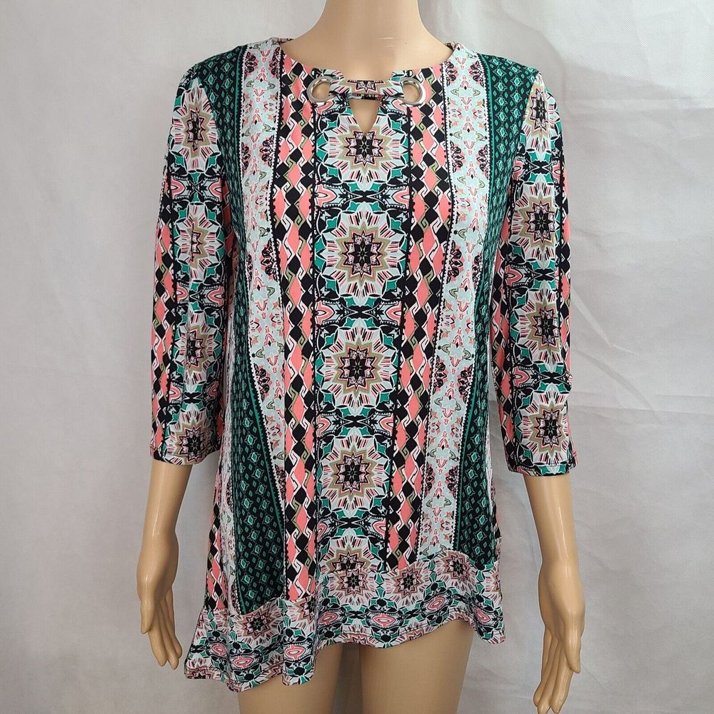 New Directions Women's (S) Orange, Green, & Black Print 3/4 Sleeve Tunic Top